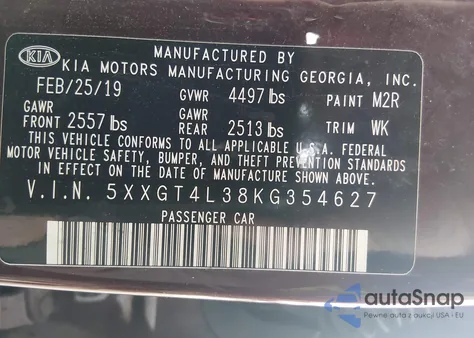 2019 Kia Optima Lx z USA, uszkodzony, nr VIN 5XXGT4L38KG354627